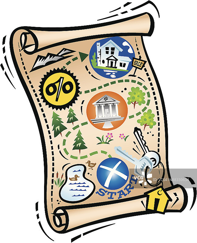 购买新房的藏宝图，起点、促销、金钱、百分比、颜色图片素材