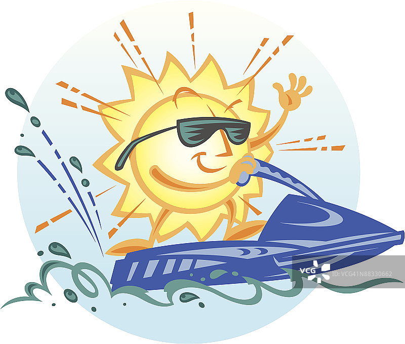 动画太阳骑着个人摩托艇，分组元素，彩色，Illustrator Ver. 5图片素材