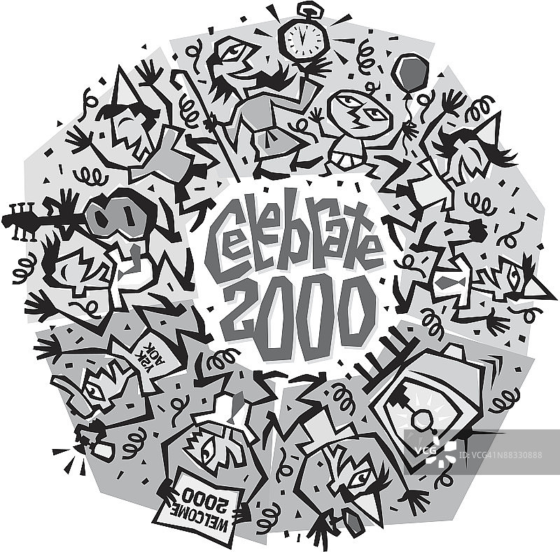 庆祝2000年蒙太奇，Y2K，欢迎2000年，灰度图图片素材