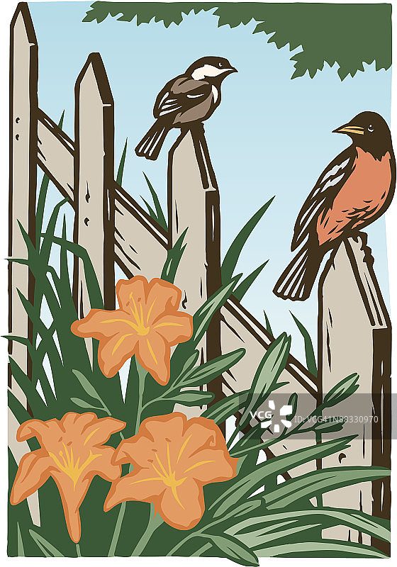 有花栅栏上的鸟群元素彩色插画图片素材