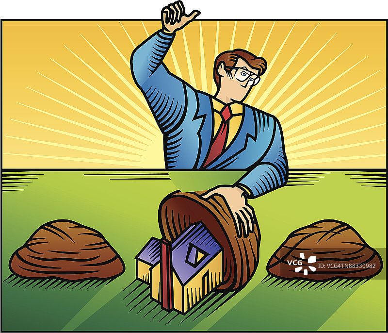 商人用房子玩障眼法游戏彩色插画图片素材