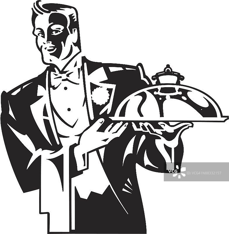 服务员拿着盖着的托盘，今日特价，展示中...图片素材