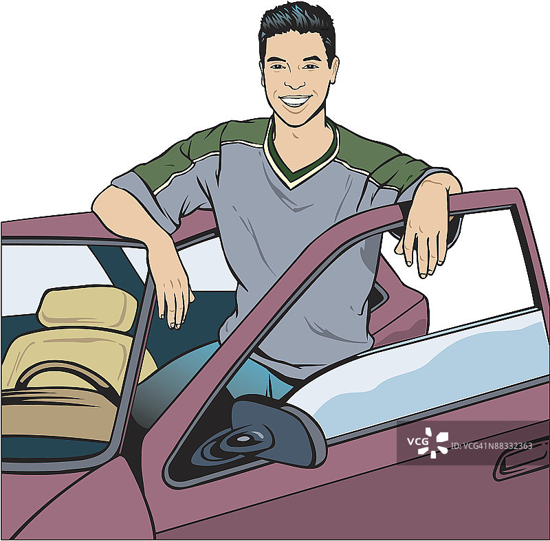 青少年男孩和汽车，彩色插画，我的第一辆车，准备好出发图片素材