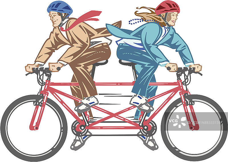 在双人自行车上的对立面，彩色插画，版本3，分组元素，感觉无处可去，完全对立图片素材