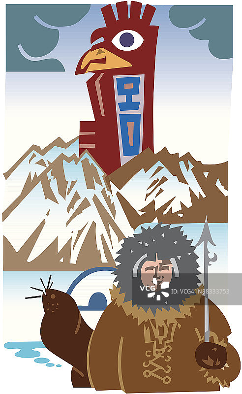 手持鱼叉的爱斯基摩人，分层彩色插画，Ver. 3图片素材