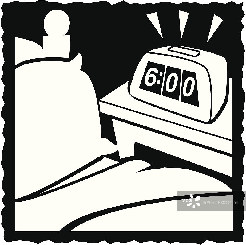闹钟和床，早上6点：该起床了图片素材