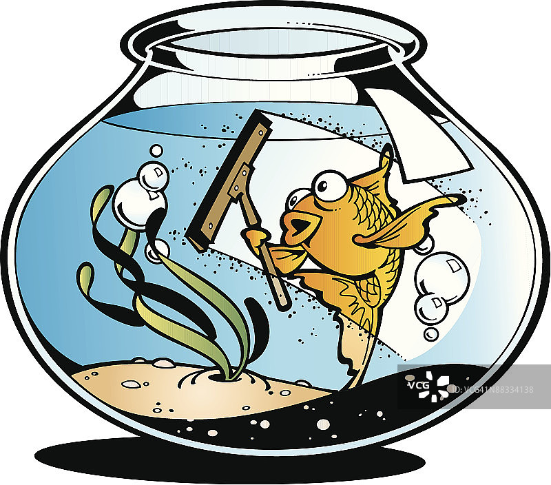 金鱼用刮刀清洁鱼缸内部，彩色分组元素图片素材