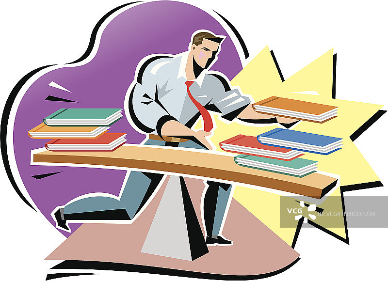 商人平衡在跷跷板上的书，彩色图片素材