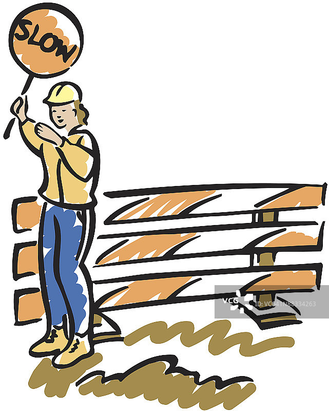 在道路施工现场举着“慢行”标志牌的女人图片素材
