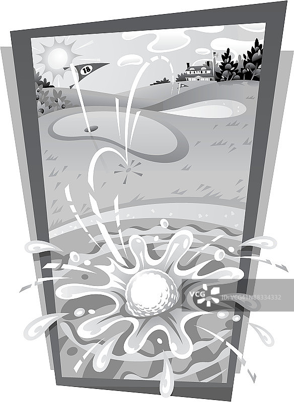 落入水障碍的高尔夫球，灰度图片素材