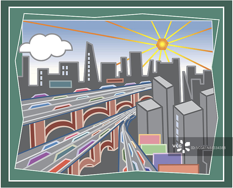 通往城市的高速公路，彩色插画，版本3，请勿污染，通勤，高峰时段交通图片素材