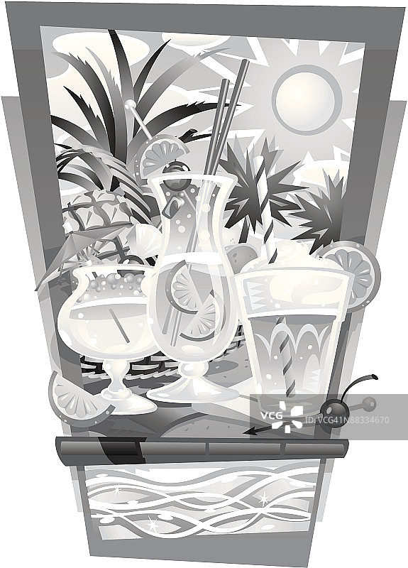 游泳池旁的热带饮品，灰度分组元素图片素材