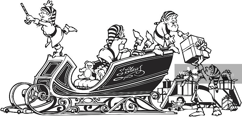 精灵们装载雪橇，圣诞老人的团队为重要夜晚做准备图片素材