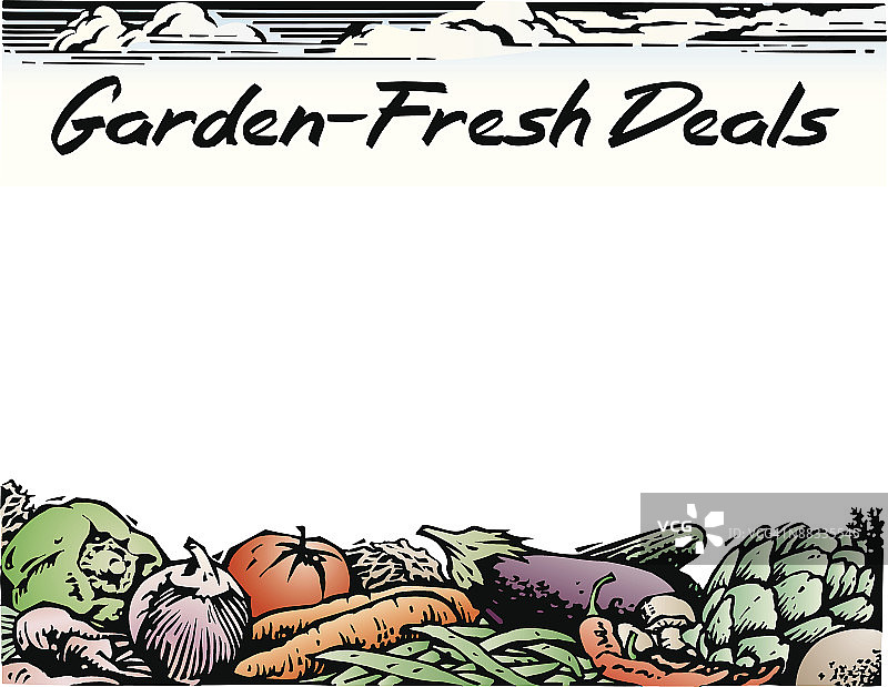 边框标题：花园新鲜优惠，蔬菜图片素材