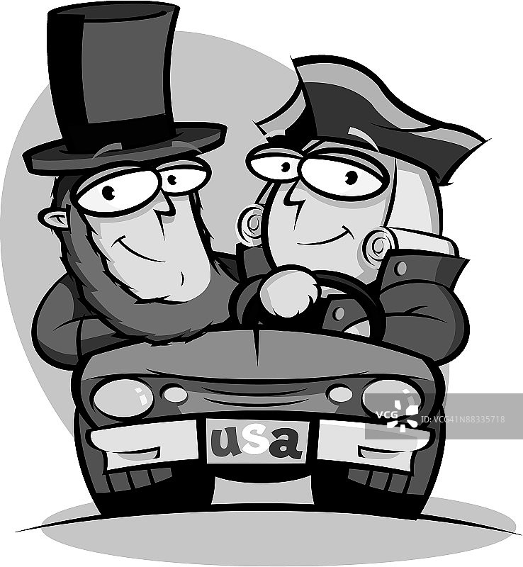 林肯和华盛顿乘坐汽车的漫画，美国，灰度图图片素材