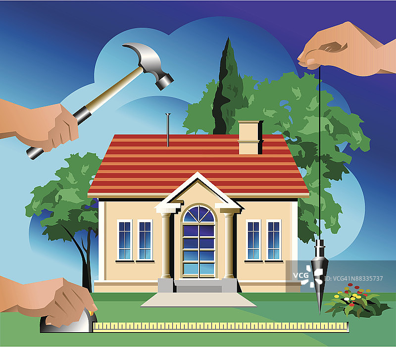 木匠的手与房屋，彩色组合元素图片素材