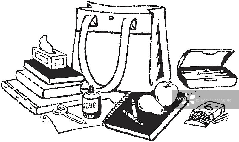 书包和学校用品，胶水分层“准备上学”我们拥有您需要的一切图片素材