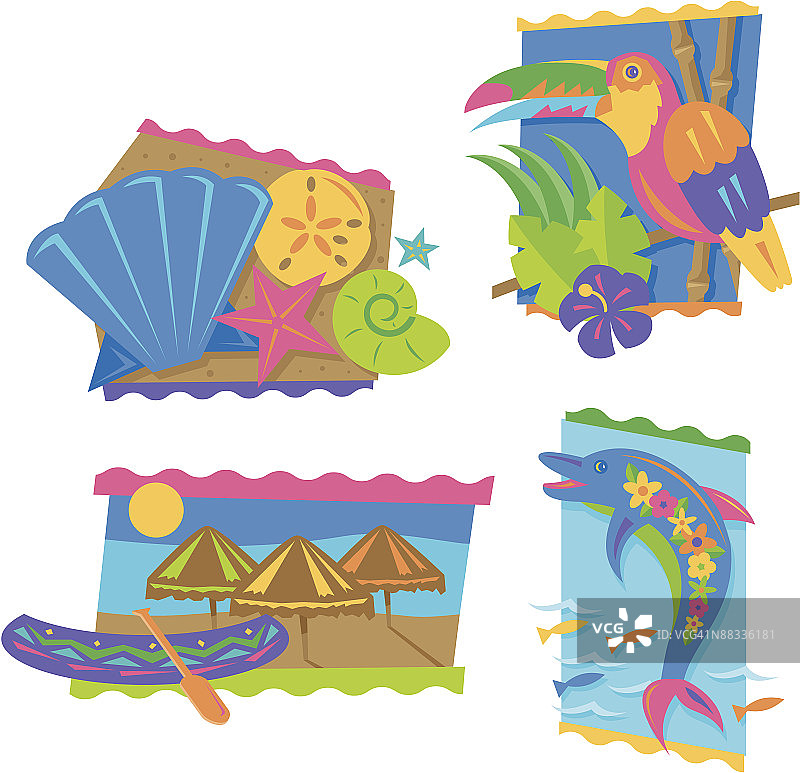 海螺、巨嘴鸟、海豚、带独木舟的海滩分层彩色插画图片素材
