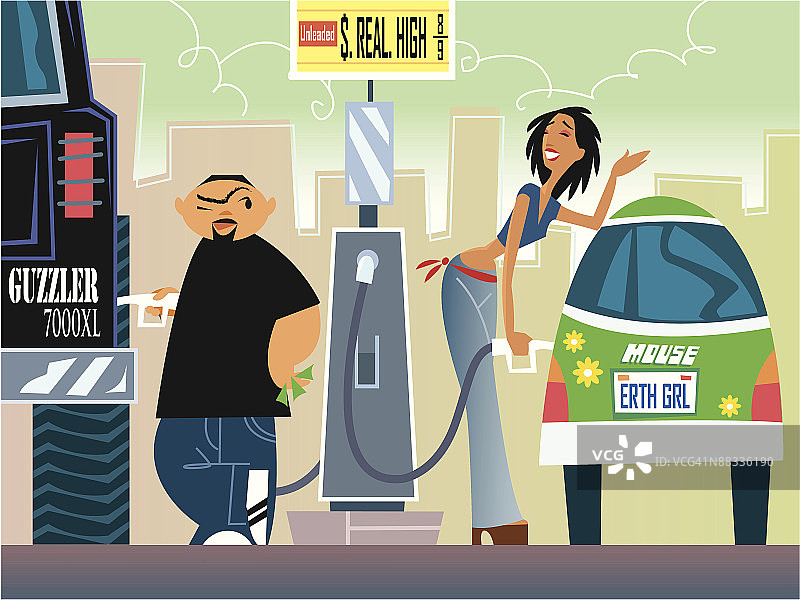 两人给汽车加油图片素材