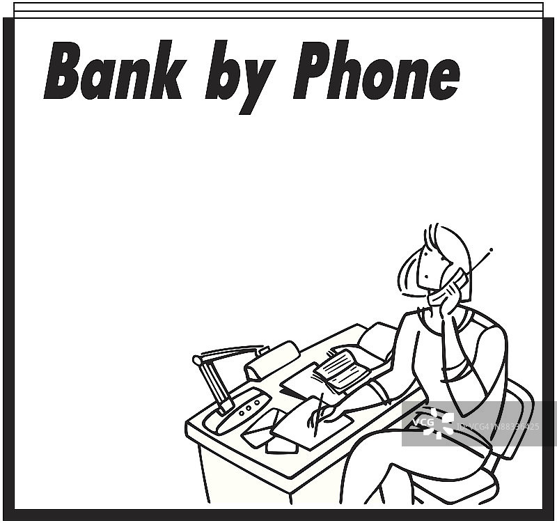 边框，标题，电话银行，在办公桌旁用便携电话交谈的女人图片素材
