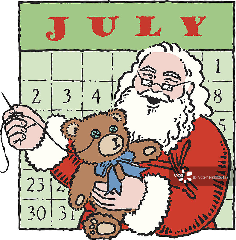 圣诞老人在七月日历页面前缝制泰迪熊，全年工作图片素材