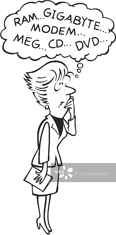 困惑的女人，想着内存、千兆字节、调制解调器……如何理解这些电脑术语？图片素材