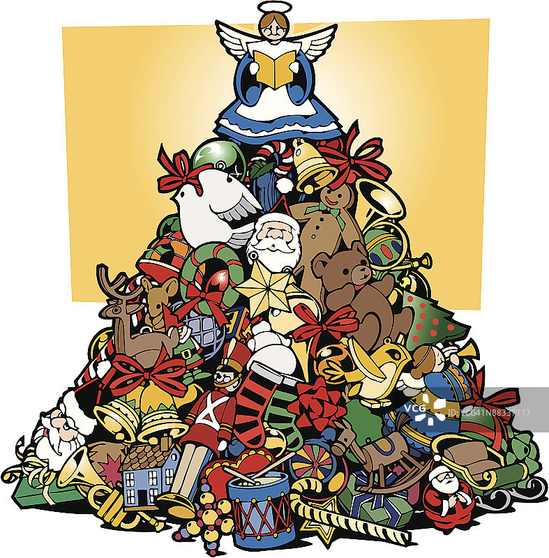 堆成树形的装饰品和玩具，彩色图片素材