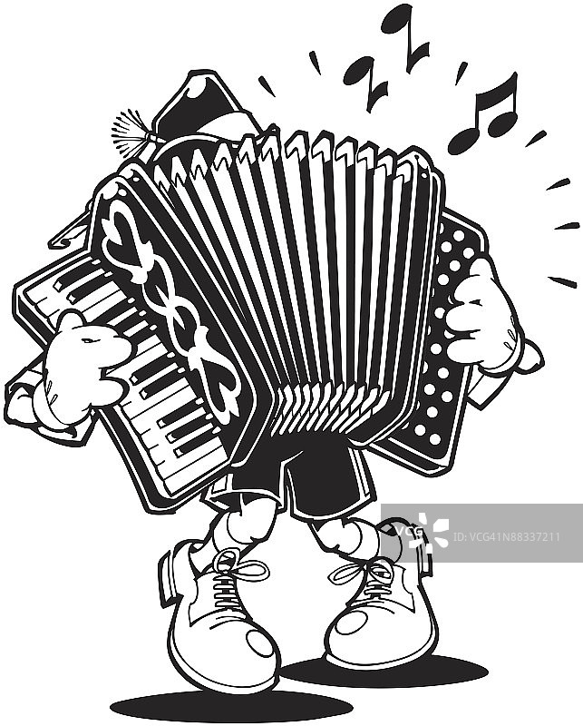 自动演奏的手风琴动画，亦有彩色版，一人乐队的波尔卡舞曲时光图片素材