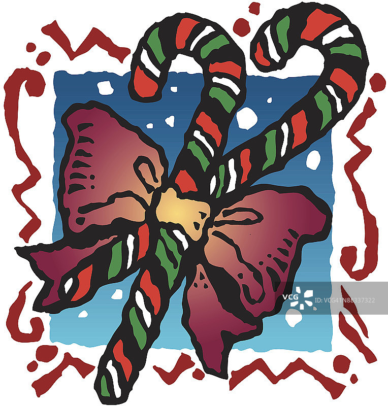 系着蝴蝶结的拐杖糖（彩色），另有黑白版本图片素材