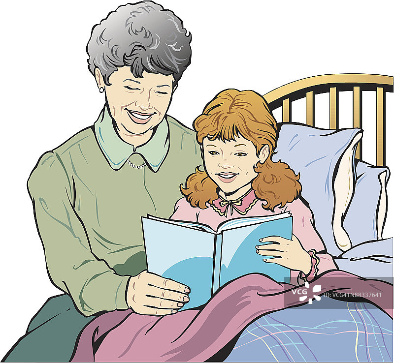 奶奶给孙女读书，彩色插画，故事时间，共度美好时光图片素材