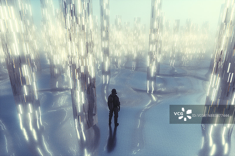 身穿防护服的男人站在未来主义的田野里图片素材