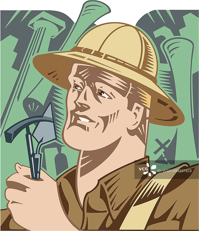 戴遮阳帽和镐的男人，矢量图，开启新事业图片素材