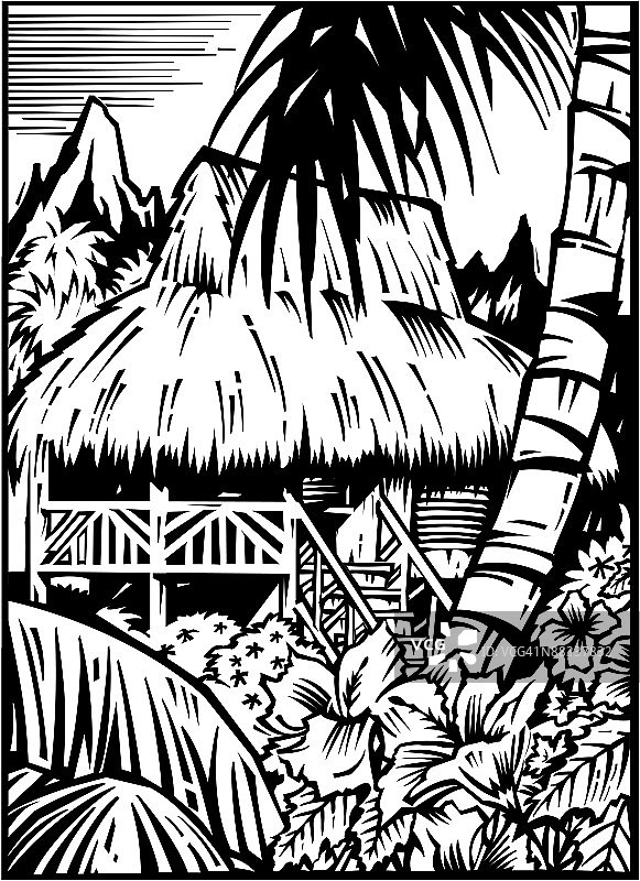 热带岛屿上的茅草小屋图片素材