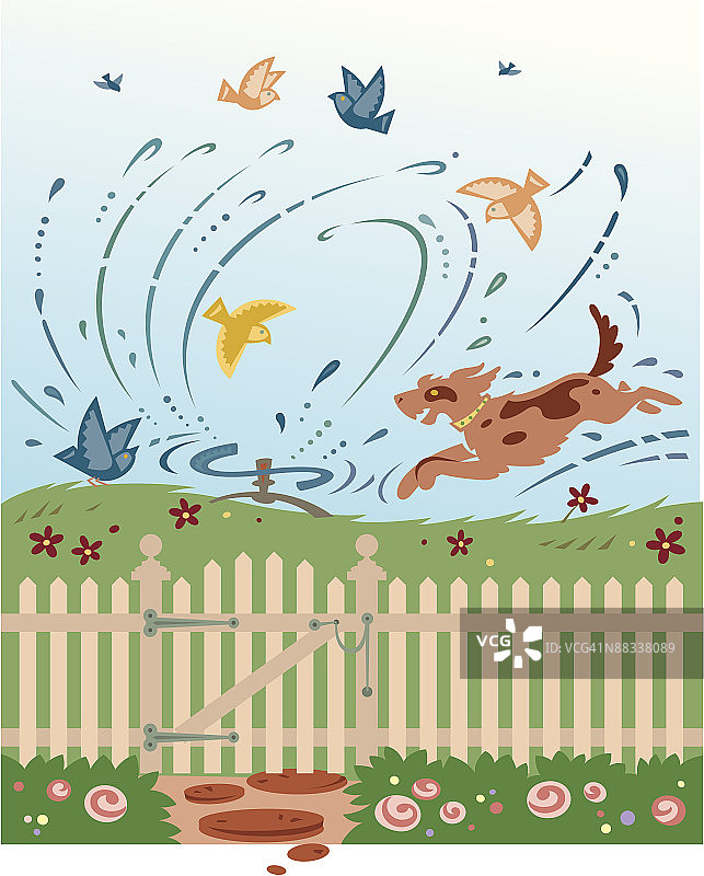 在草坪喷水器中玩耍的狗图片素材