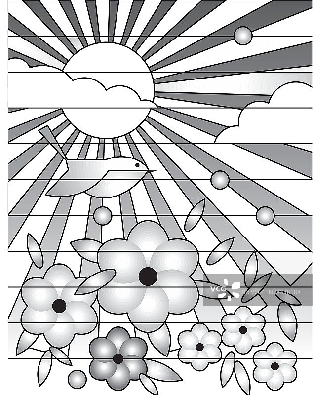 花朵和阳光下的鸟儿（黑白照片）图片素材