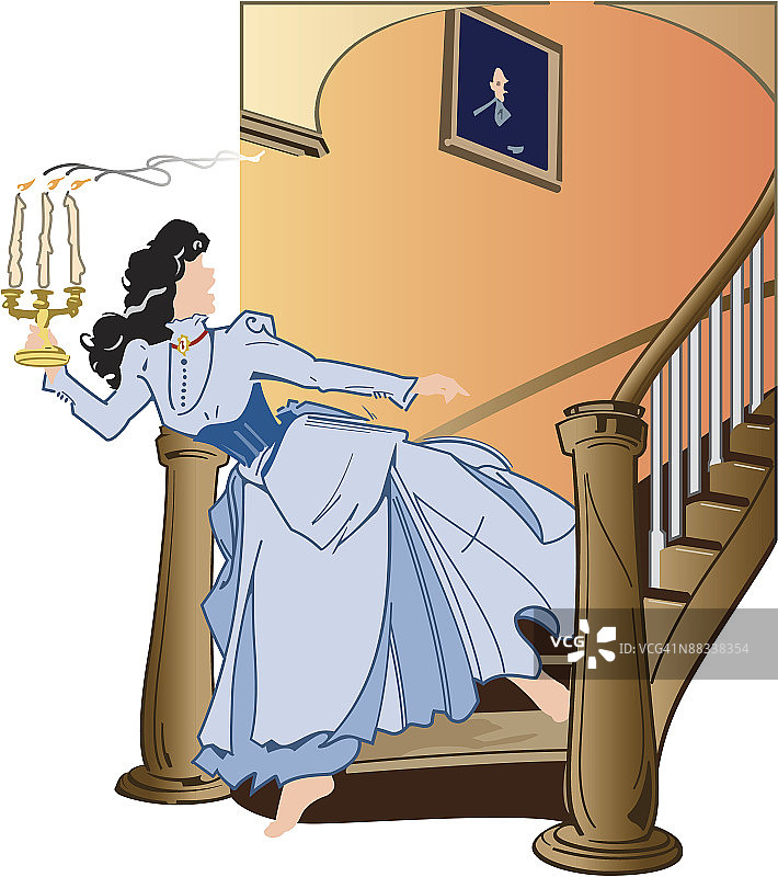 一位年轻的维多利亚时代女性拿着烛台跑下楼梯图片素材