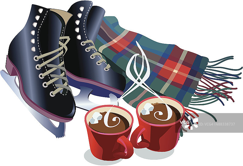 热巧克力、围巾、溜冰鞋彩色元素图片素材