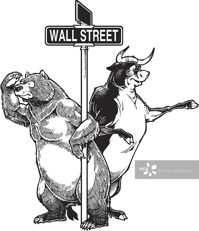 华尔街的牛和熊与路标图片素材