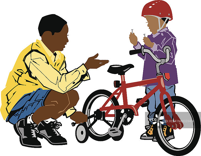 男子为儿童自行车安装辅助轮（彩色照片）图片素材