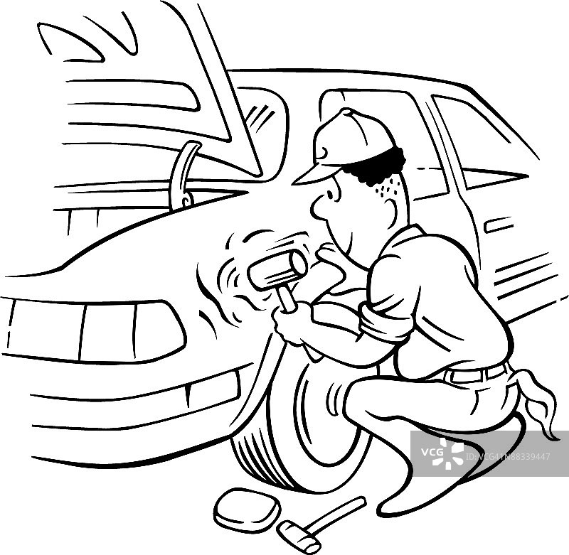 男人修理挡泥板，小事故后焕然一新图片素材