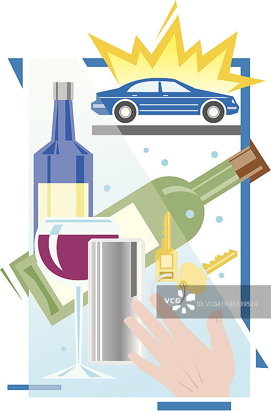 酒精瓶、汽车、钥匙和手绘插画，请勿酒后驾车图片素材