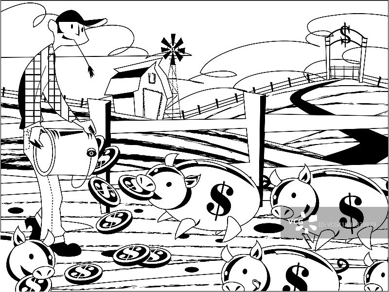 农民往泔水桶里投喂存钱罐硬币图片素材