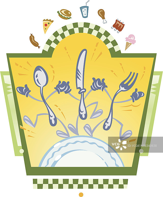 动画银器在盘子上跳舞，分层彩色插画，用餐时间到了，不要迟到图片素材