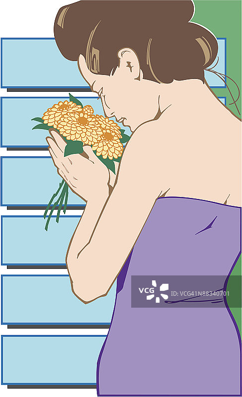 女人闻着百日草花束图片素材