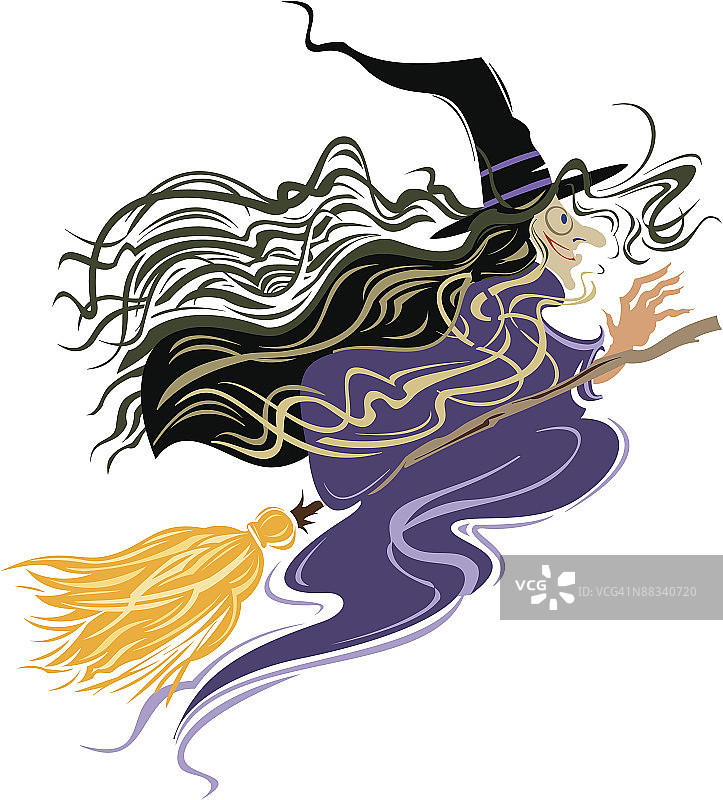 骑着扫帚飞行的女巫（彩色）图片素材