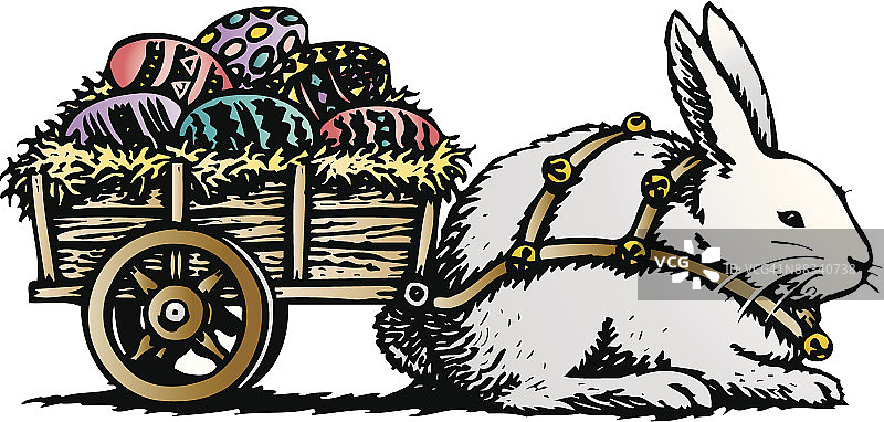 兔子拉着装满复活节彩蛋的小车图片素材