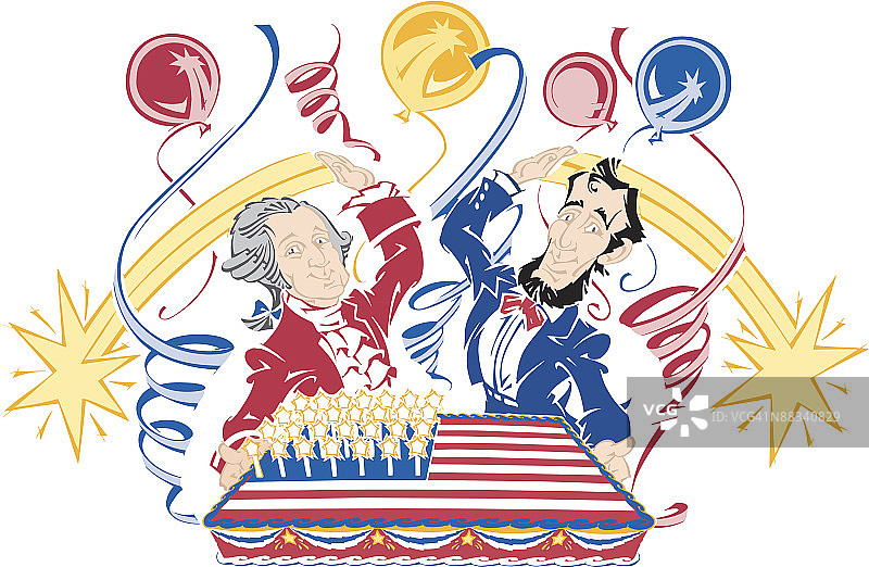 华盛顿和林肯与大型旗帜蛋糕，彩色插图，版本5，分层，本季最大促销，双倍优惠图片素材
