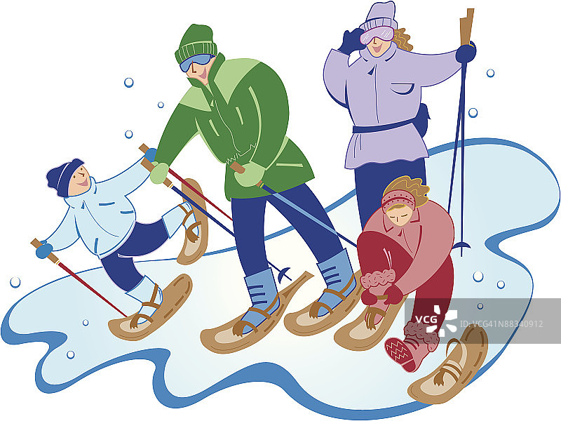 穿着雪鞋的家庭，彩色分组元素图片素材