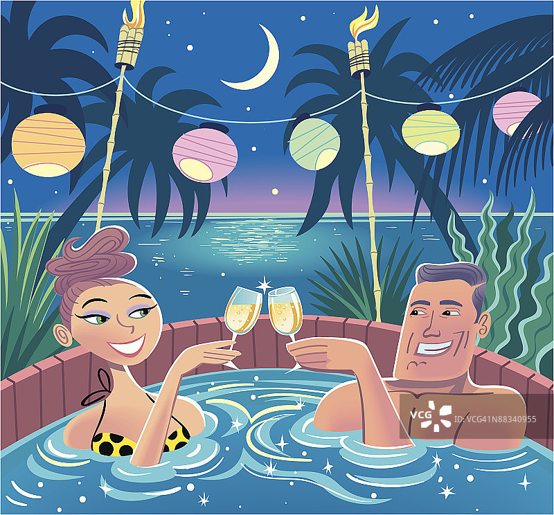 情侣在热水浴缸里碰杯图片素材