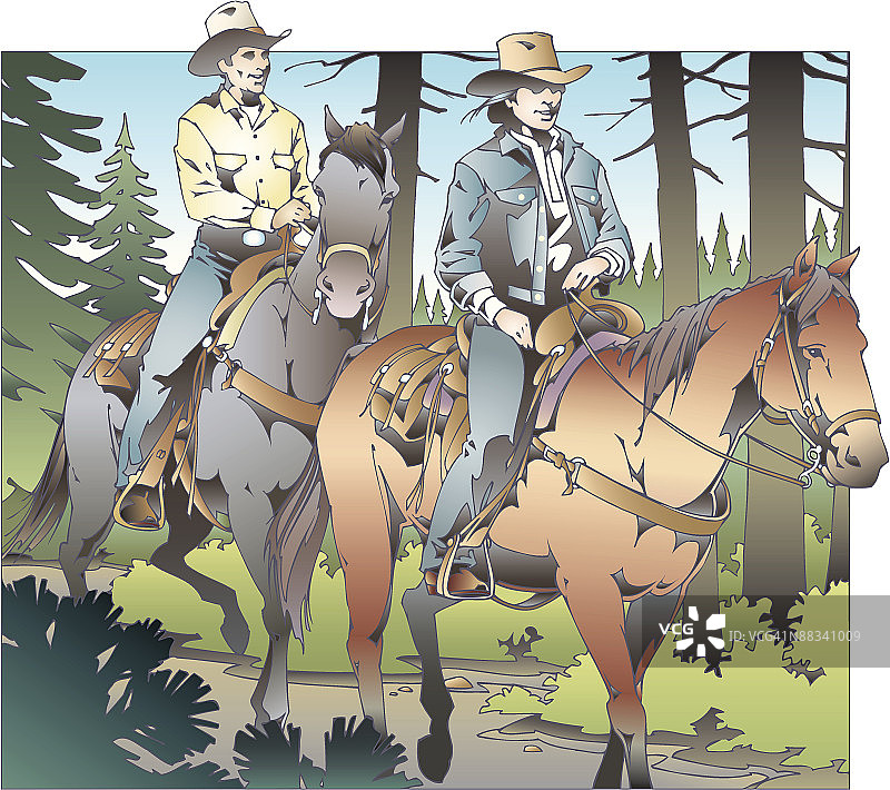 情侣在森林里骑马图片素材